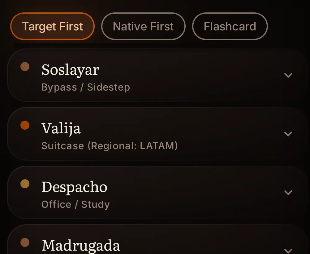 The Traces list in TraceSpark, filtered to Target First, showing Soslayar, Valija and Despacho with their English glosses and more below.